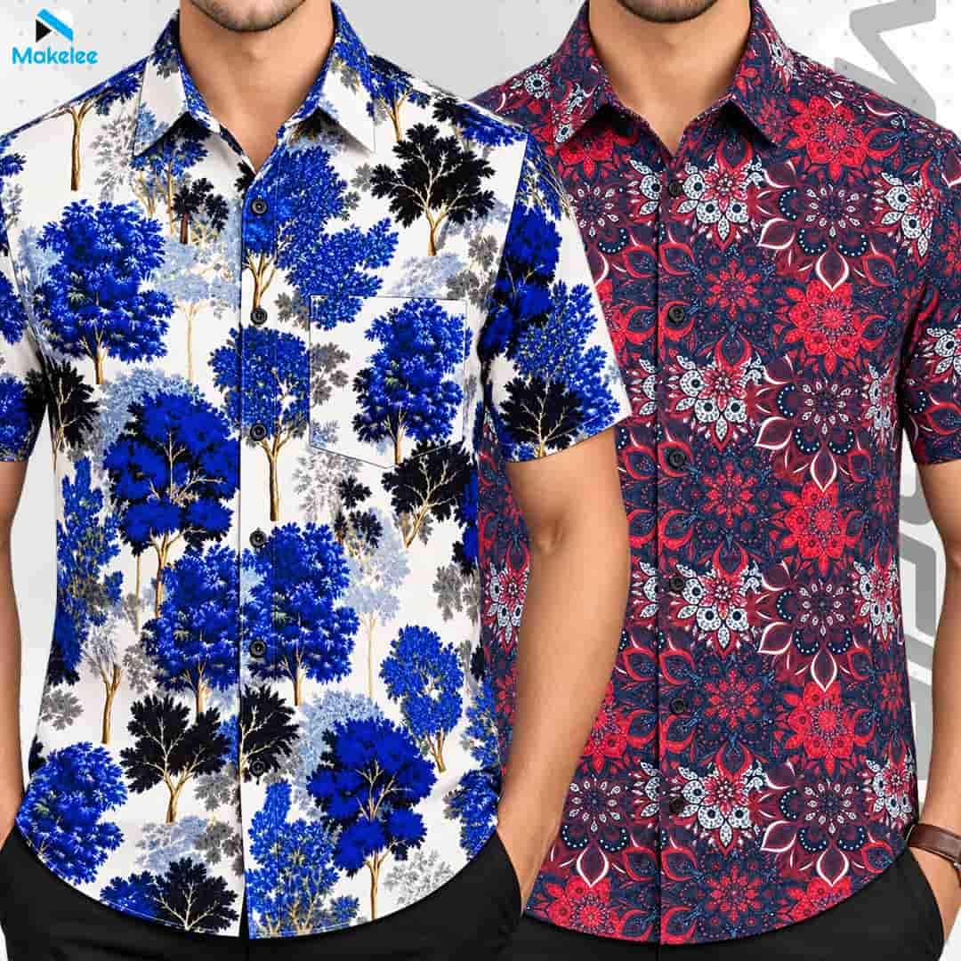 Premium 2-Piece Microfiber Shirt Combo - White-Blue Floral & Navy-Maroon