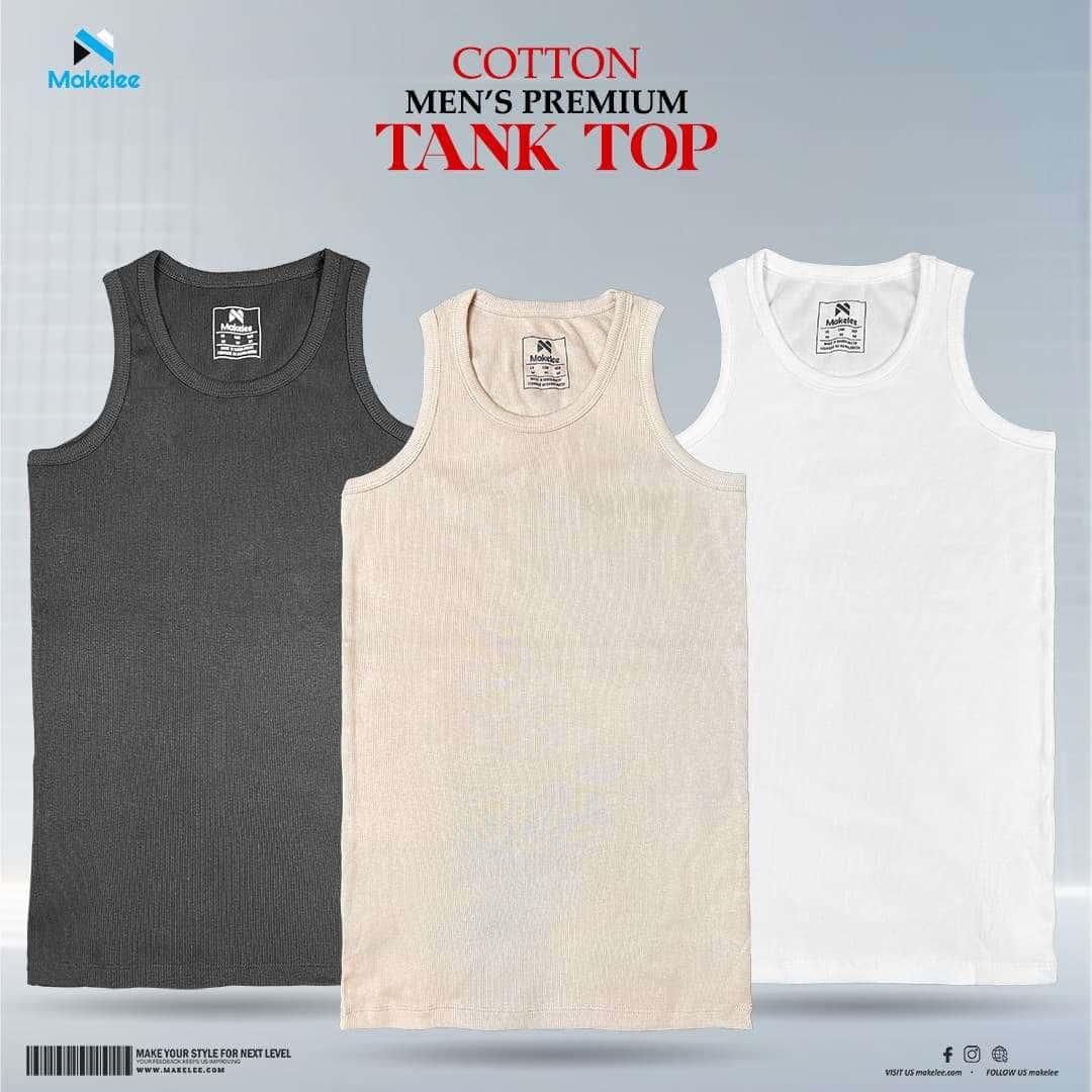 Premium Rib Cotton Tank Top – 3 Pcs Combo (Black, White & Biscuit)