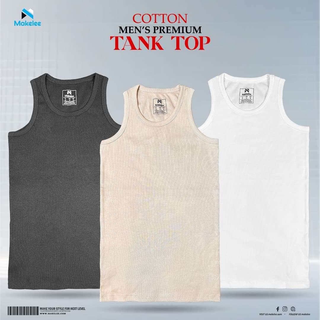 Premium Rib Cotton Tank Top – 3 Pcs Combo (Black, White & Biscuit)